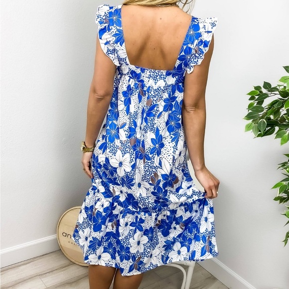 Anna-Kaci Ruffle Shoulder Floral Summer Dress in Blue New With Tags - Picture 3 of 11